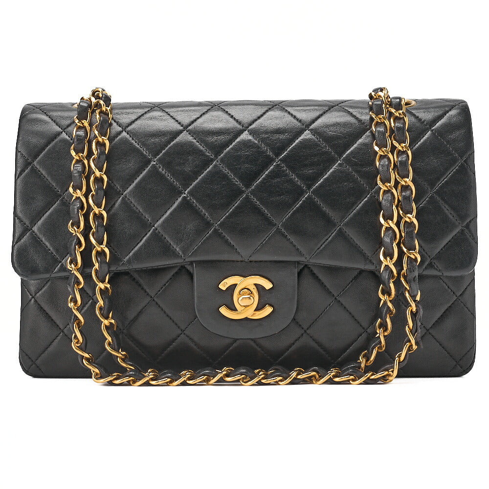 CHANEL Lambskin Matelasse 25cm Double Flap Chain Shoulder Black Gold-Tone Hardware, Pre-Owned