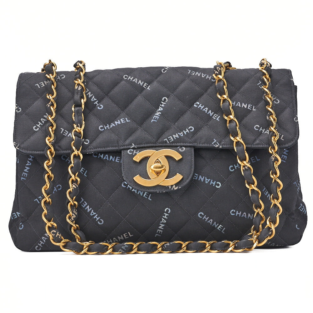 CHANEL Chain Shoulder Bag Deca Mattasse 34cm Logo Print Single Flap Canvas Black Gold-Tone Hardware, Pre-Owned