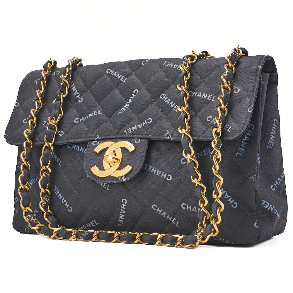 CHANEL Chain Shoulder Bag Deca Mattasse 34cm Logo Print Single Flap Canvas Black Gold-Tone Hardware, Pre-Owned
