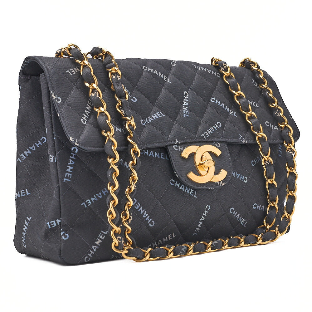 CHANEL Chain Shoulder Bag Deca Mattasse 34cm Logo Print Single Flap Canvas Black Gold-Tone Hardware, Pre-Owned