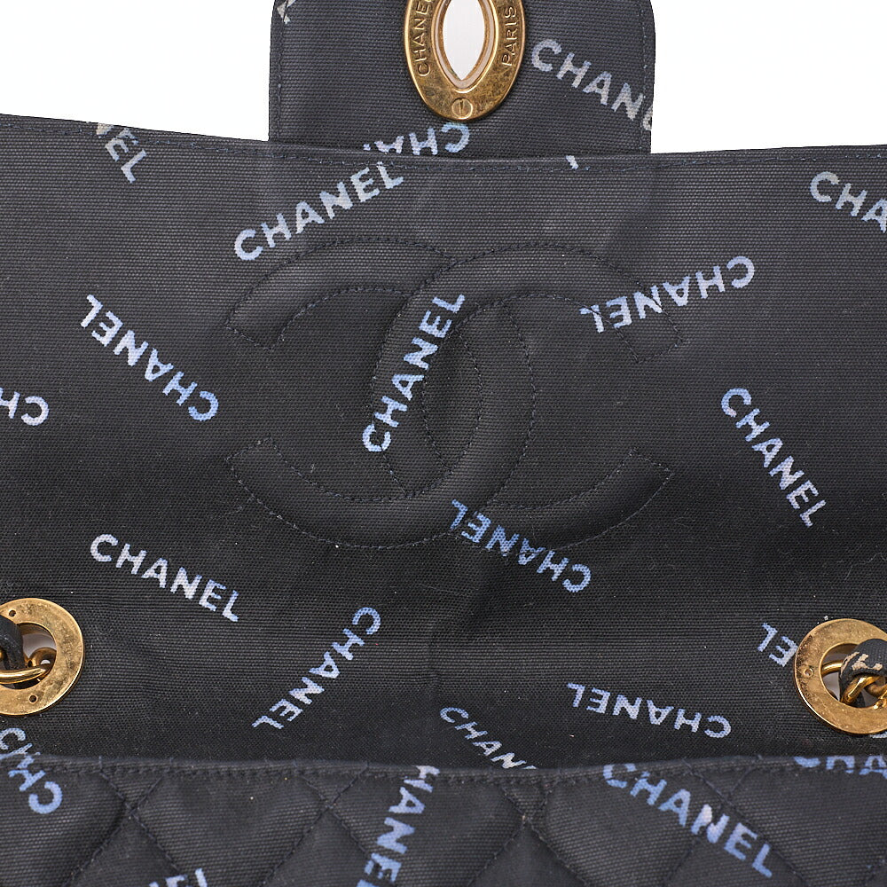 CHANEL Chain Shoulder Bag Deca Mattasse 34cm Logo Print Single Flap Canvas Black Gold-Tone Hardware, Pre-Owned