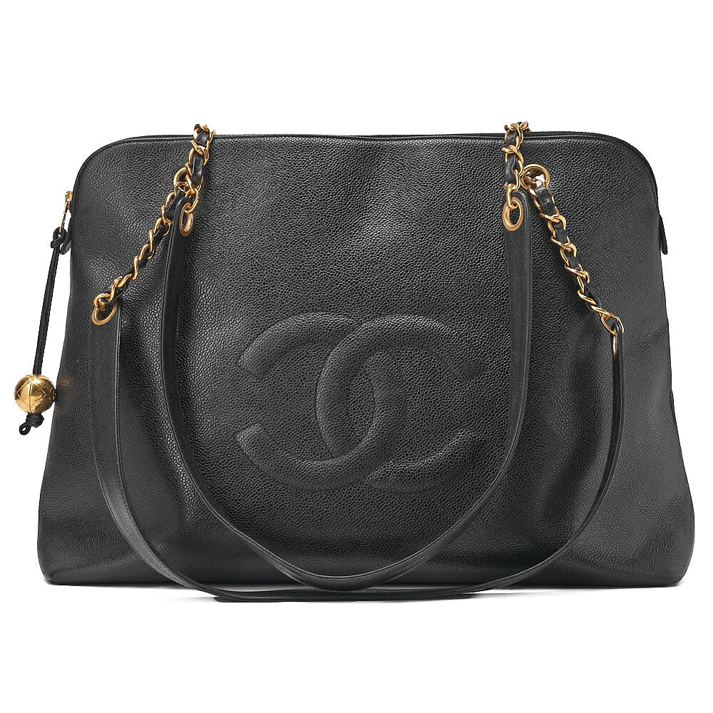 CHANEL Big Coco Mark Double Chain Shoulder with Ball Charm Large Size Caviar Skin Black Gold-Tone Hardware, Pre-Owned