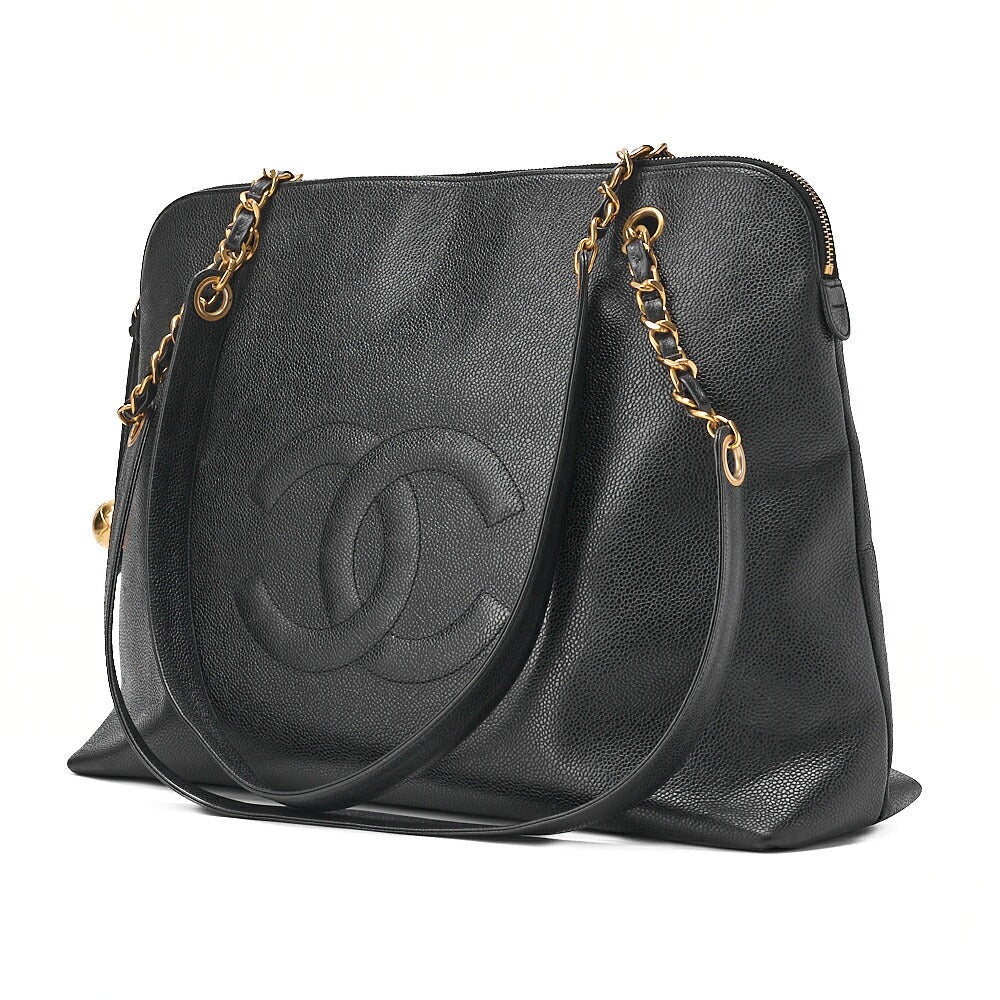 CHANEL Big Coco Mark Double Chain Shoulder with Ball Charm Large Size Caviar Skin Black Gold-Tone Hardware, Pre-Owned