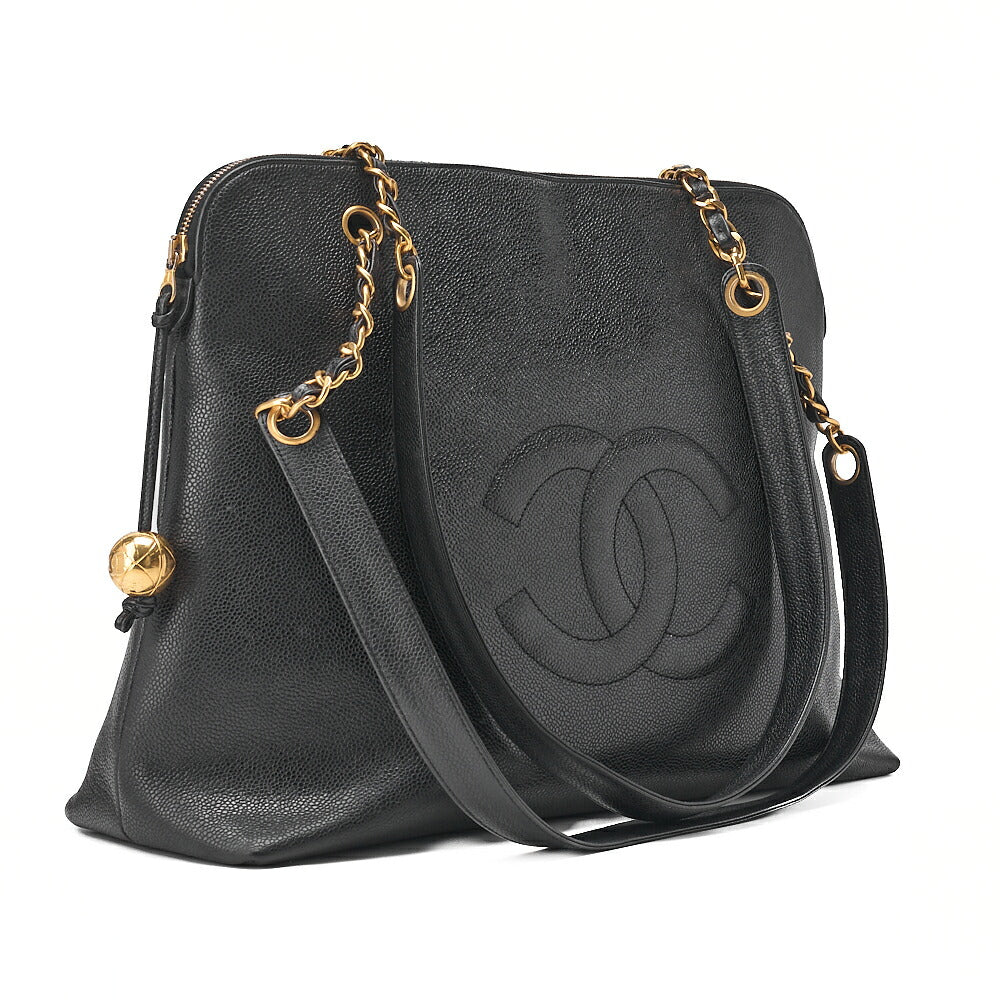 CHANEL Big Coco Mark Double Chain Shoulder with Ball Charm Large Size Caviar Skin Black Gold-Tone Hardware, Pre-Owned
