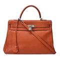 HERMES Kelly 35 2way Handbag Tryon Clemence Orange Silver-Tone Hardware, Pre-Owned