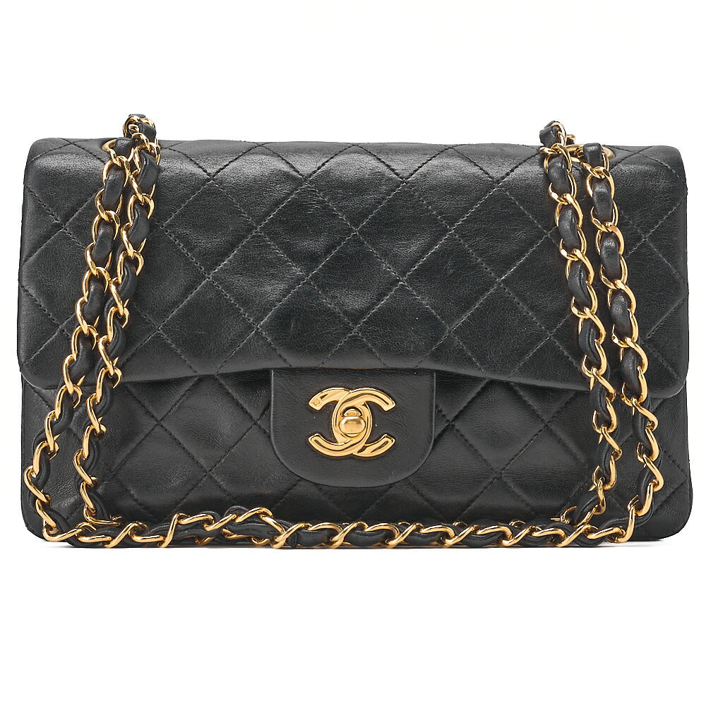 CHANEL Chain Shoulder Bag Matlasse 23cm Double Flap Lambskin Black Gold-Tone Hardware, Pre-Owned
