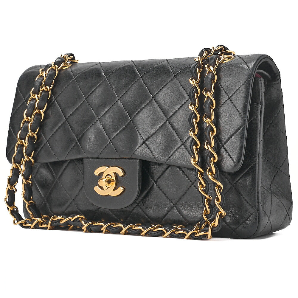 CHANEL Chain Shoulder Bag Matlasse 23cm Double Flap Lambskin Black Gold-Tone Hardware, Pre-Owned