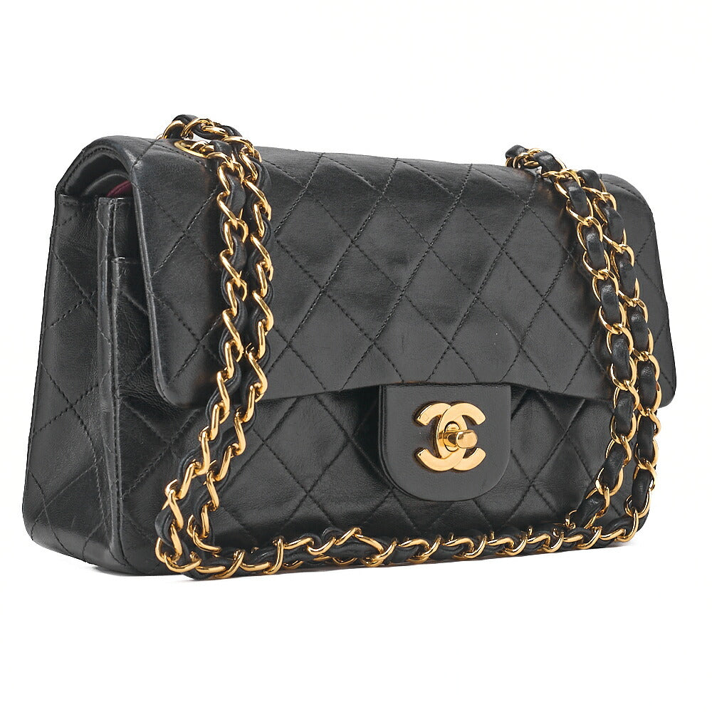 CHANEL Chain Shoulder Bag Matlasse 23cm Double Flap Lambskin Black Gold-Tone Hardware, Pre-Owned