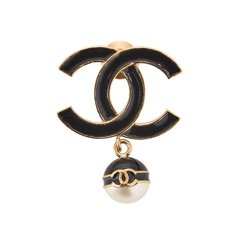 CHANEL Cocomark B24S Brooch GP X Faux Pearl Black Gold-Tone Hardware, Pre-Owned
