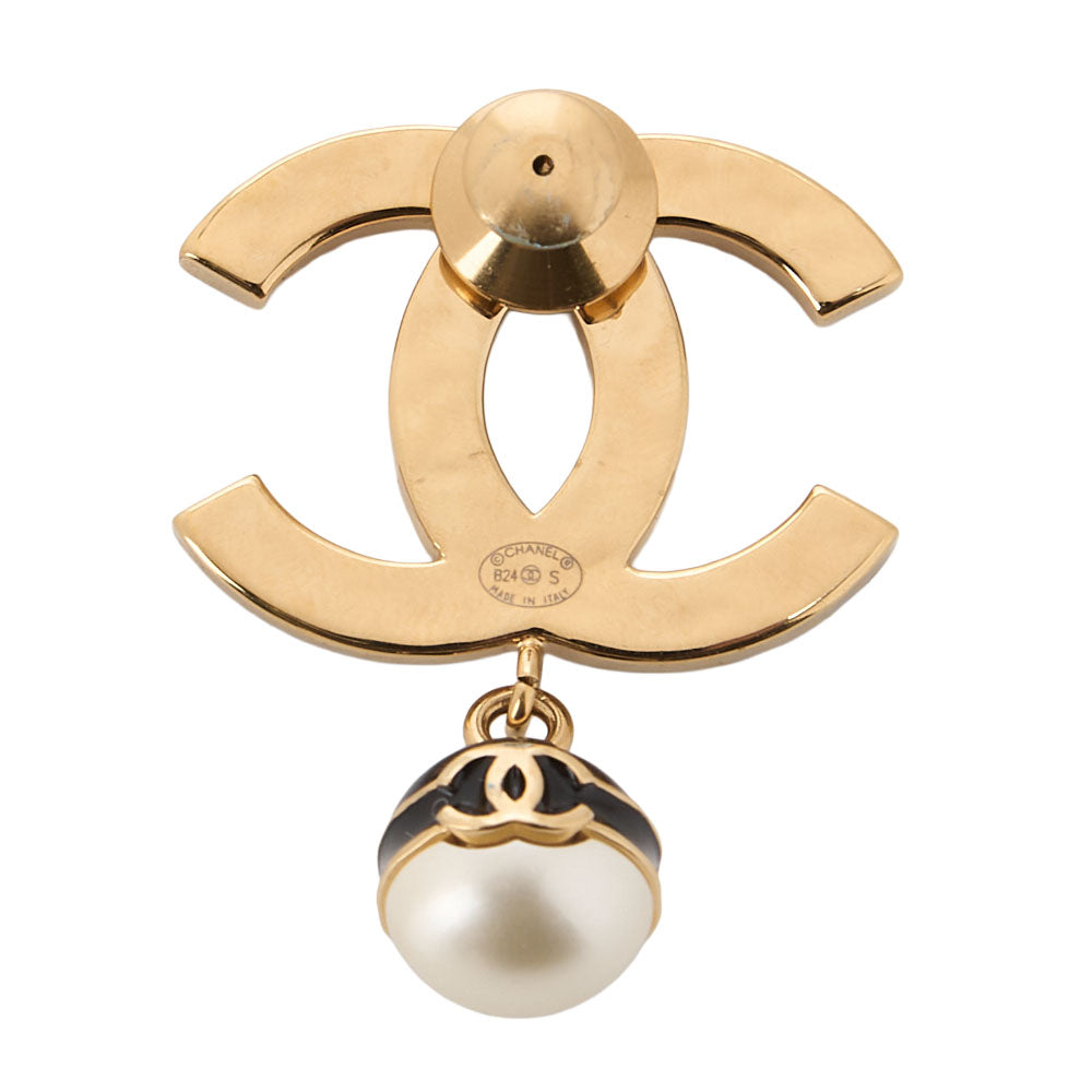 CHANEL Cocomark B24S Brooch GP X Faux Pearl Black Gold-Tone Hardware, Pre-Owned