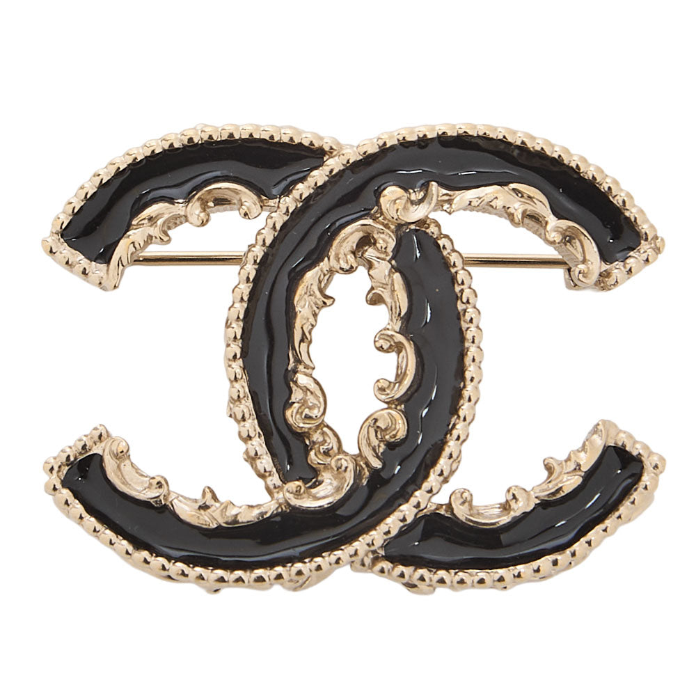 CHANEL Coco Mark 14V Brooch GP x Enamel Black x Champagne Gold-Tone Hardware, Pre-Owned
