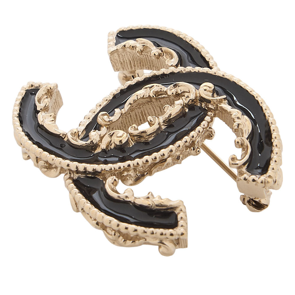 CHANEL Coco Mark 14V Brooch GP x Enamel Black x Champagne Gold-Tone Hardware, Pre-Owned
