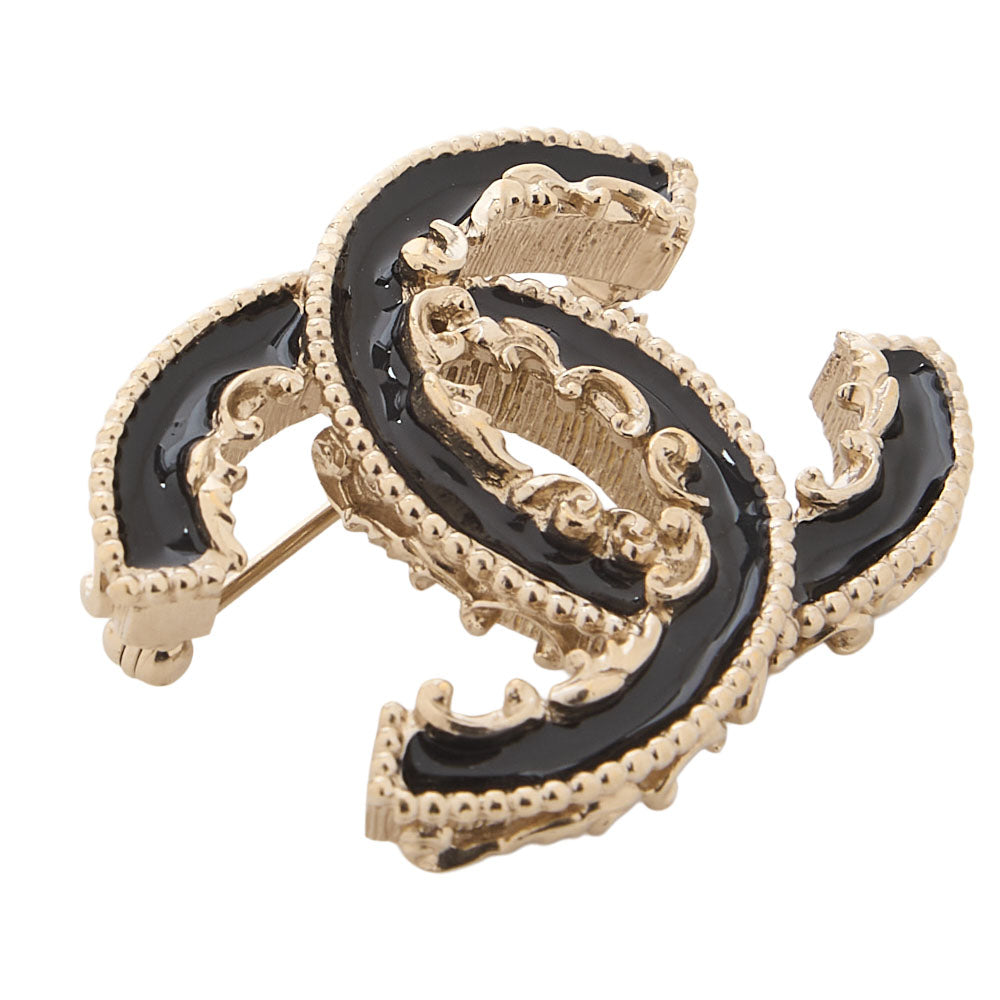 CHANEL Coco Mark 14V Brooch GP x Enamel Black x Champagne Gold-Tone Hardware, Pre-Owned