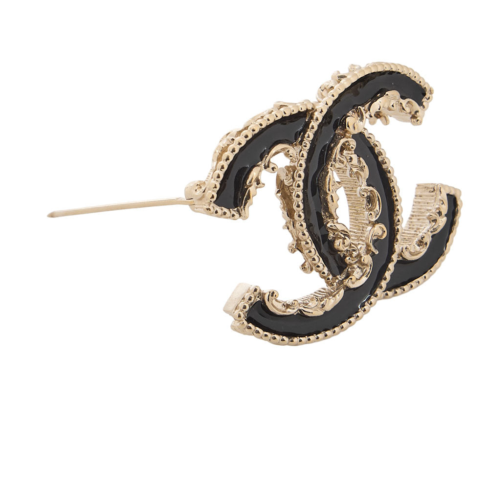 CHANEL Coco Mark 14V Brooch GP x Enamel Black x Champagne Gold-Tone Hardware, Pre-Owned
