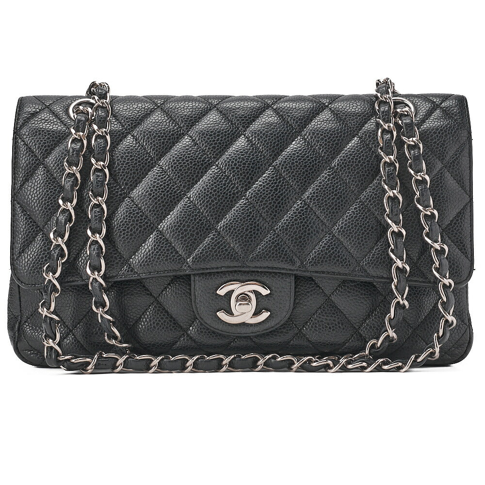 CHANEL Caviar Skin Matelasse 25cm Double Flap Chain Shoulder Black Silver-Tone Hardware, Pre-Owned