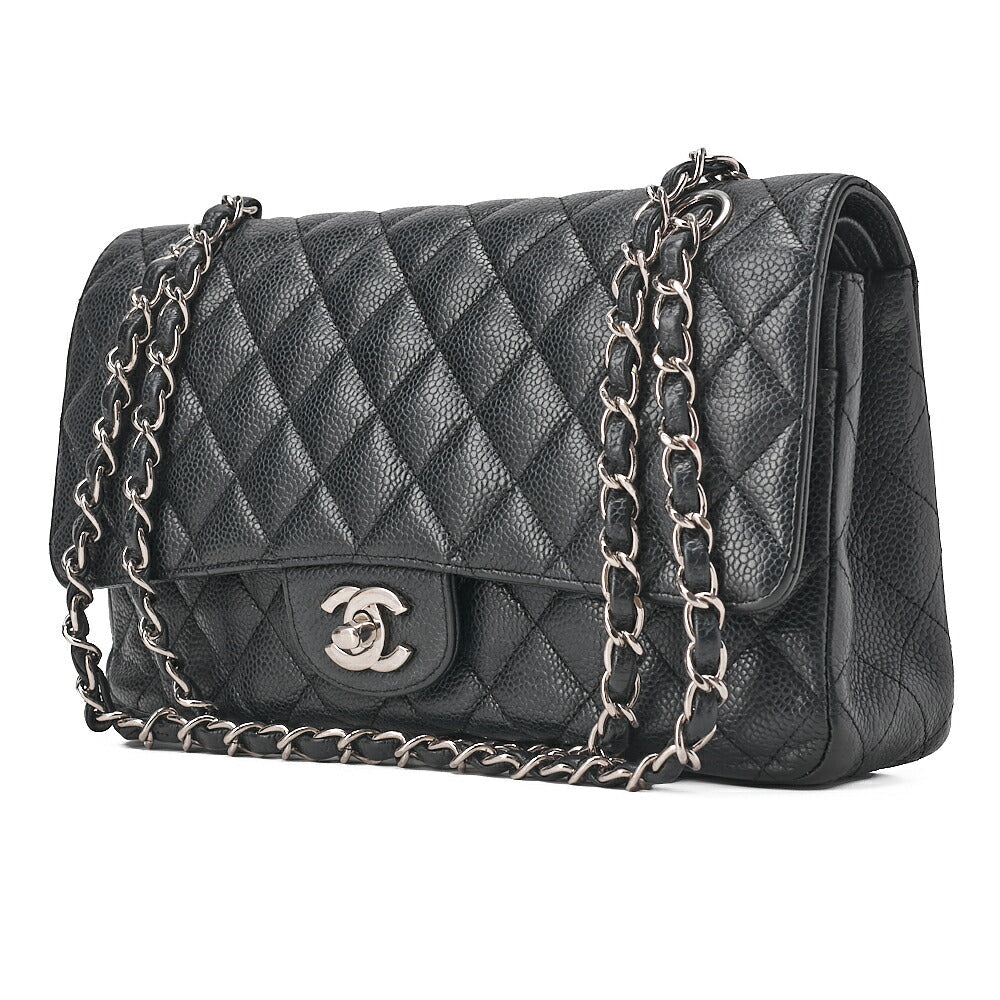 CHANEL Caviar Skin Matelasse 25cm Double Flap Chain Shoulder Black Silver-Tone Hardware, Pre-Owned