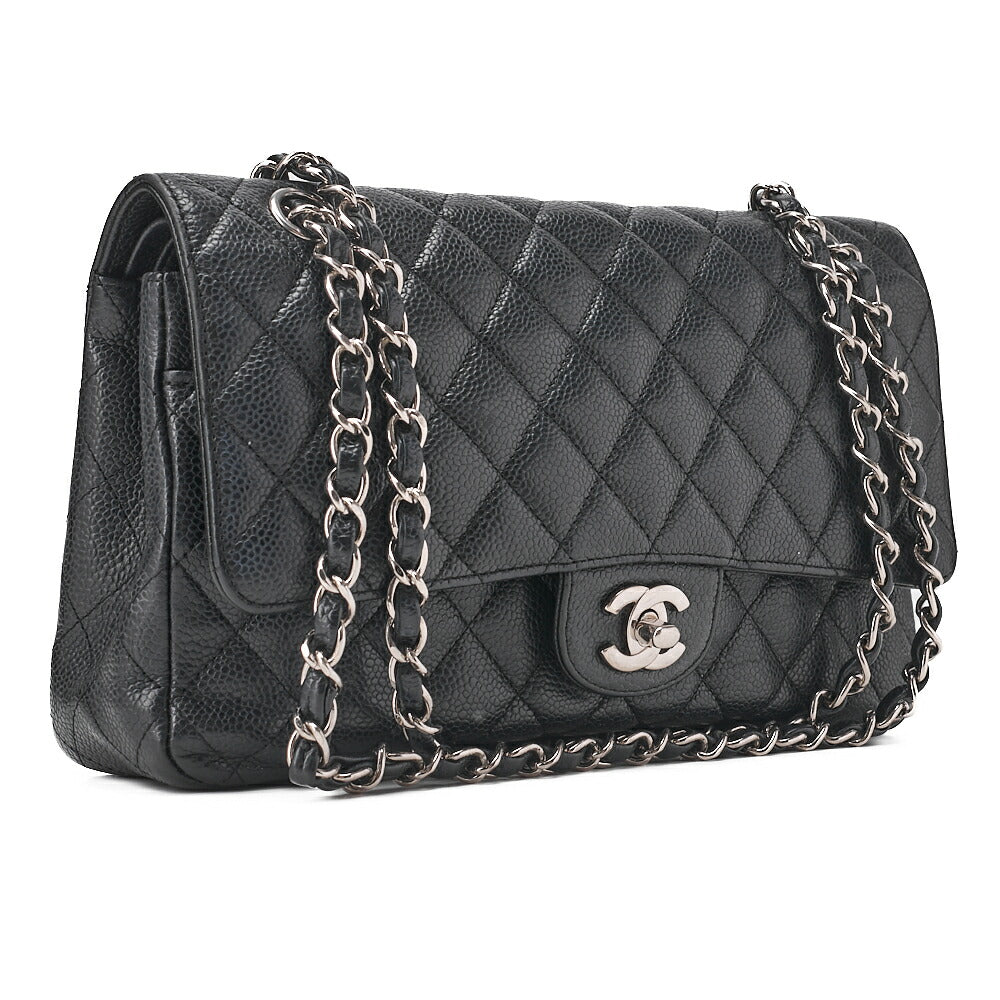 CHANEL Caviar Skin Matelasse 25cm Double Flap Chain Shoulder Black Silver-Tone Hardware, Pre-Owned