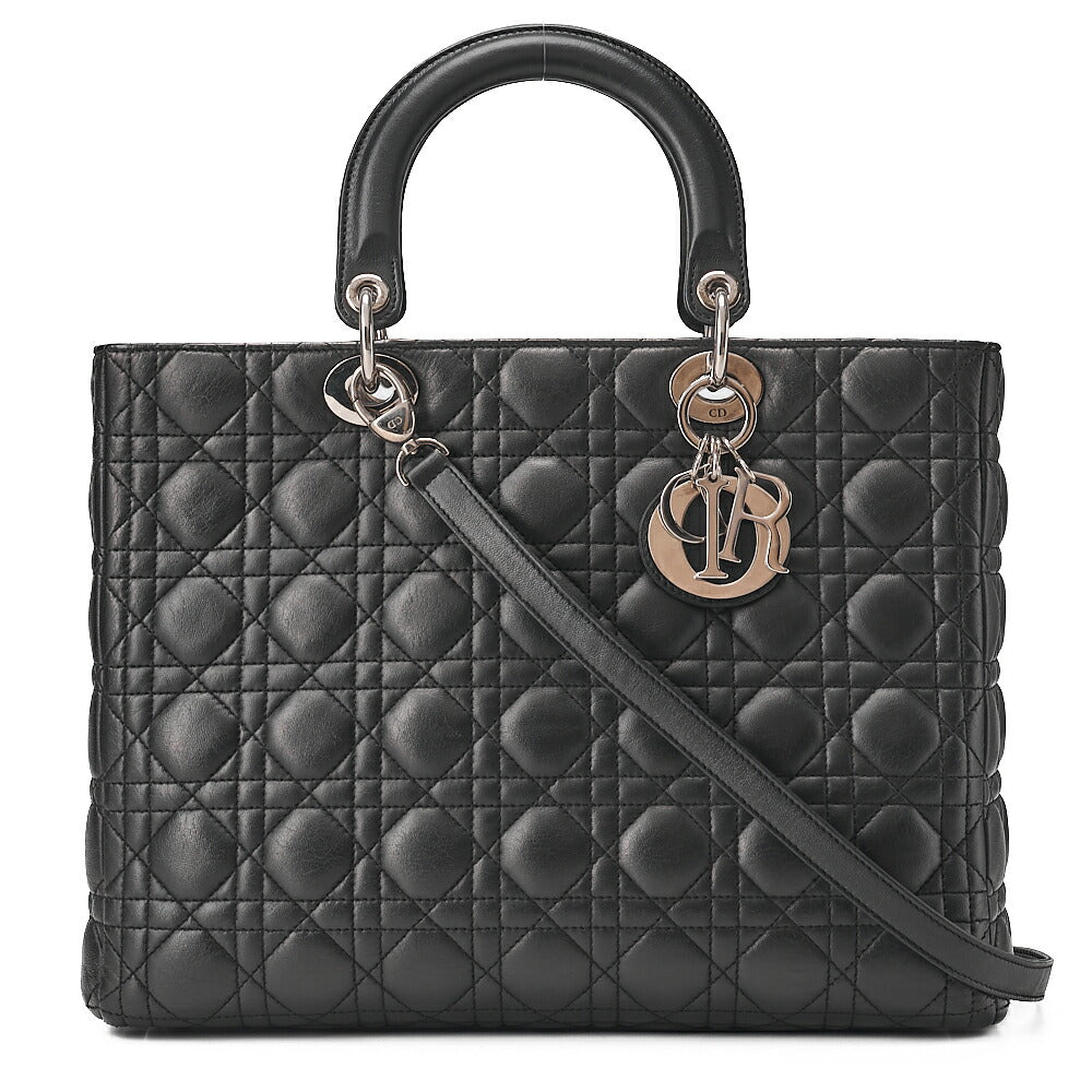 Dior Lady Dior Cannage Handbag Large Size Lambskin Black Silver-Tone Hardware, Pre-Owned