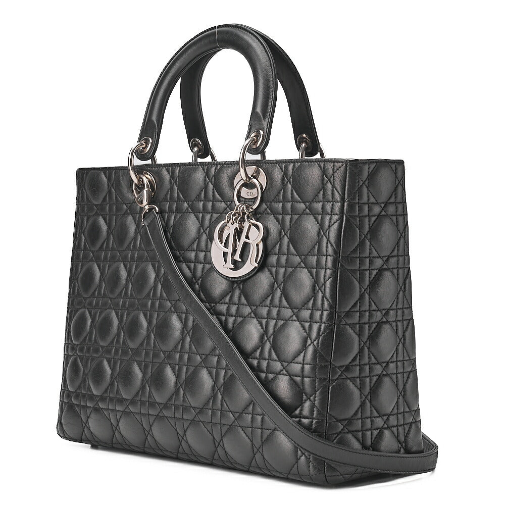Dior Lady Dior Cannage Handbag Large Size Lambskin Black Silver-Tone Hardware, Pre-Owned