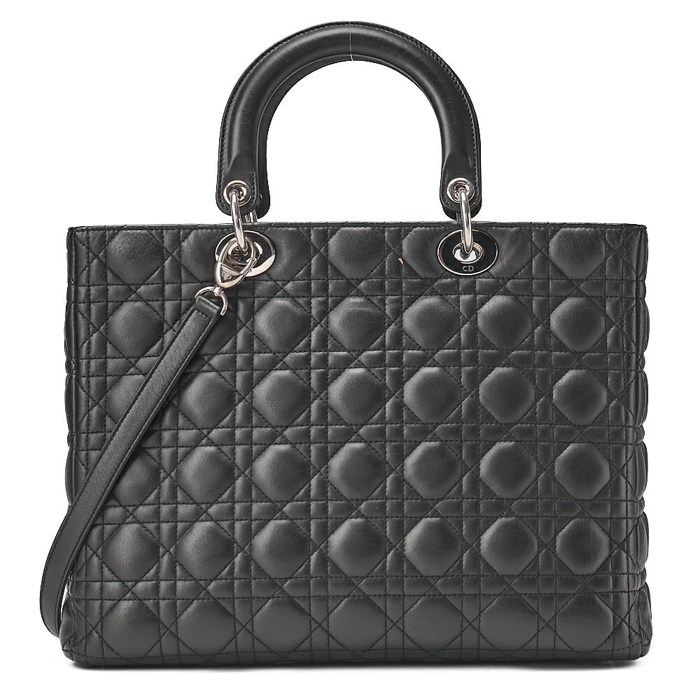 Dior Lady Dior Cannage Handbag Large Size Lambskin Black Silver-Tone Hardware, Pre-Owned