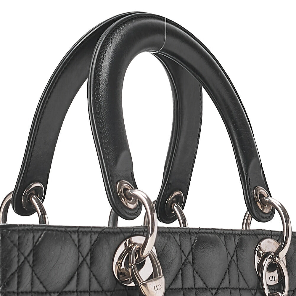 Dior Lady Dior Cannage Handbag Large Size Lambskin Black Silver-Tone Hardware, Pre-Owned