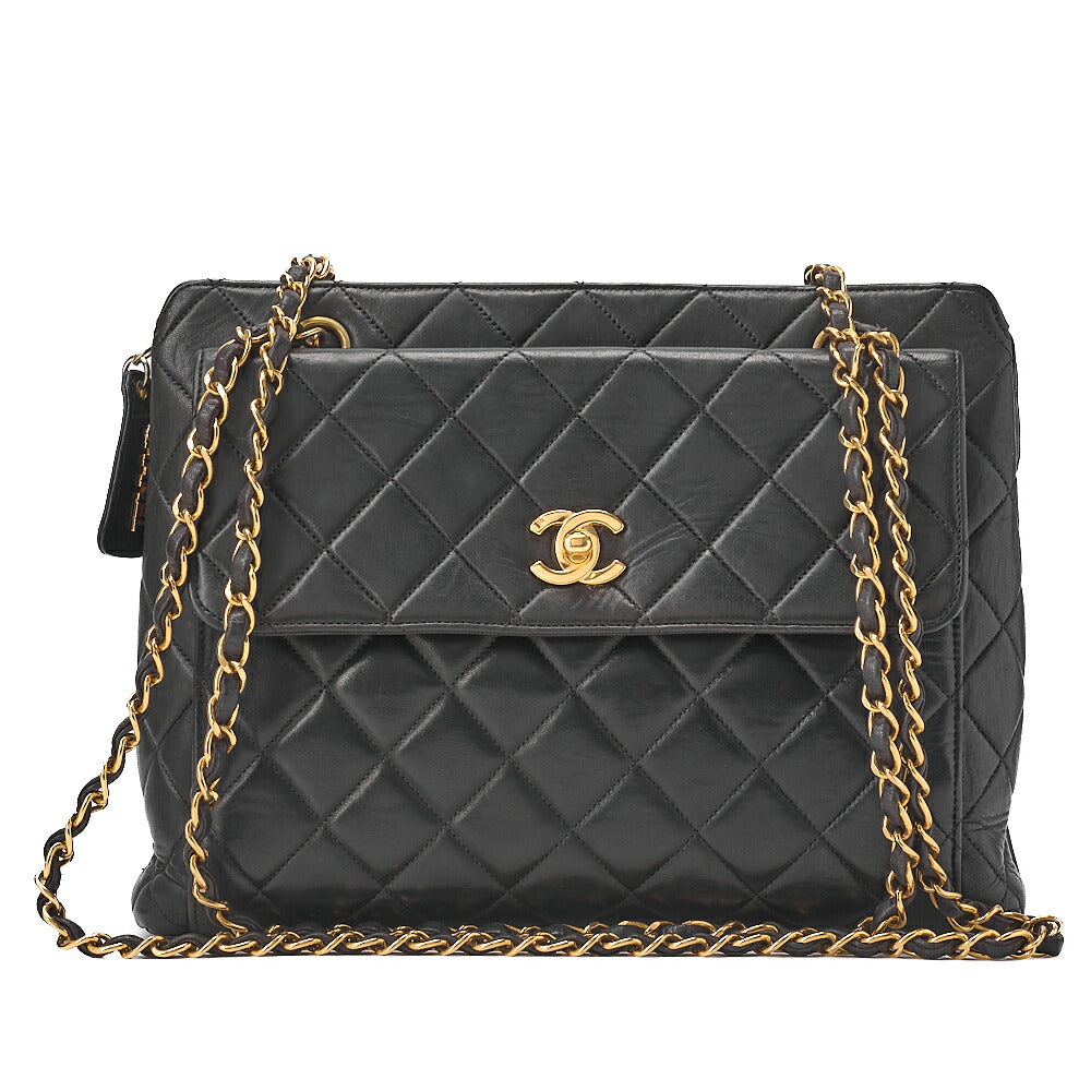 CHANEL Matelasse Outside Flap Turnlock Logo Charm Double Chain Shoulder Lambskin Black Gold-Tone Hardware, Pre-Owned