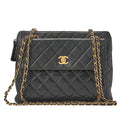 CHANEL Matelasse Outside Flap Turnlock Logo Charm Double Chain Shoulder Lambskin Black Gold-Tone Hardware, Pre-Owned