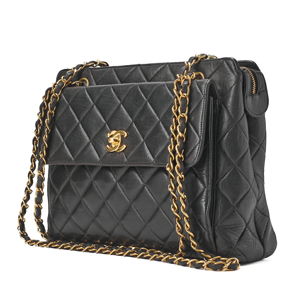 CHANEL Matelasse Outside Flap Turnlock Logo Charm Double Chain Shoulder Lambskin Black Gold-Tone Hardware, Pre-Owned