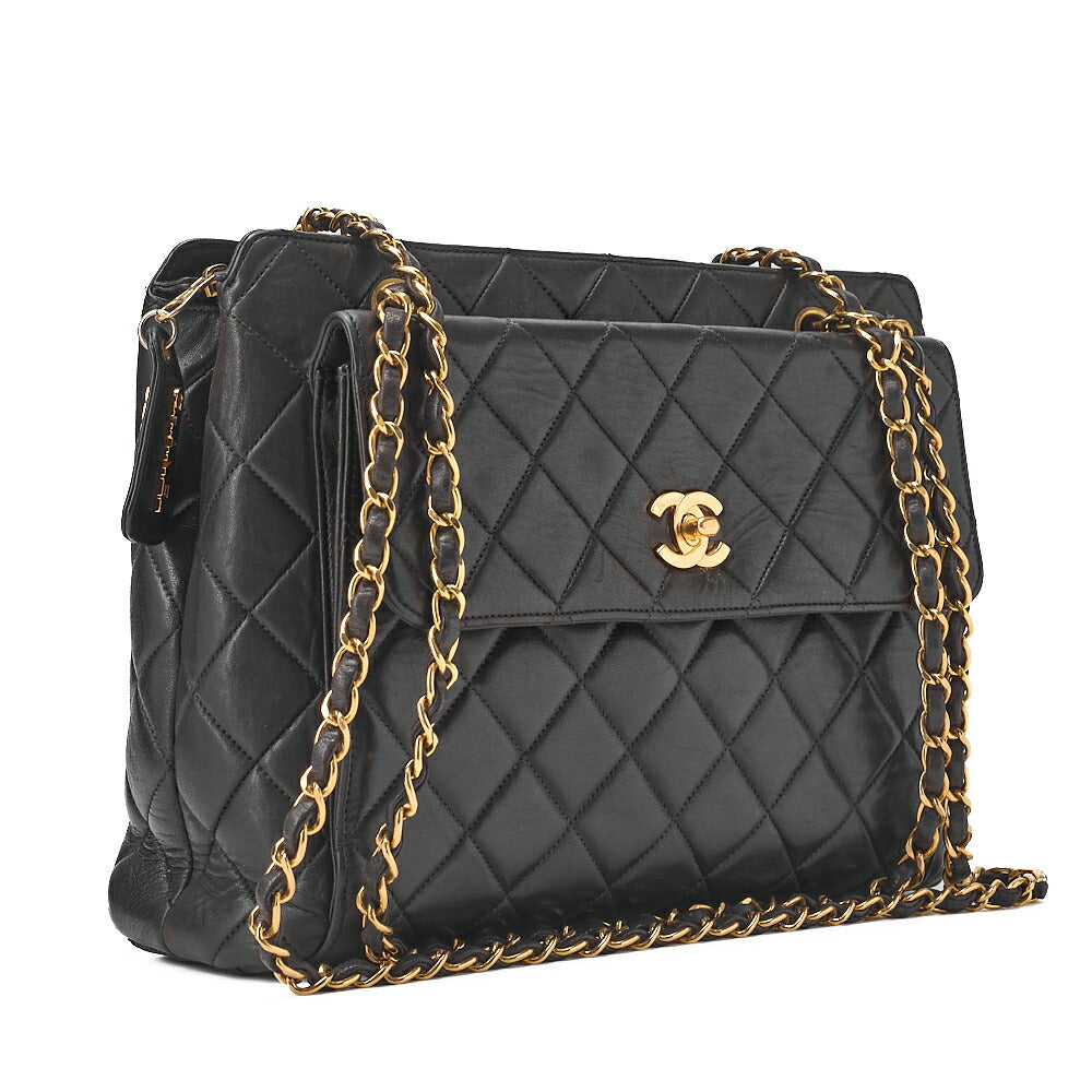 CHANEL Matelasse Outside Flap Turnlock Logo Charm Double Chain Shoulder Lambskin Black Gold-Tone Hardware, Pre-Owned