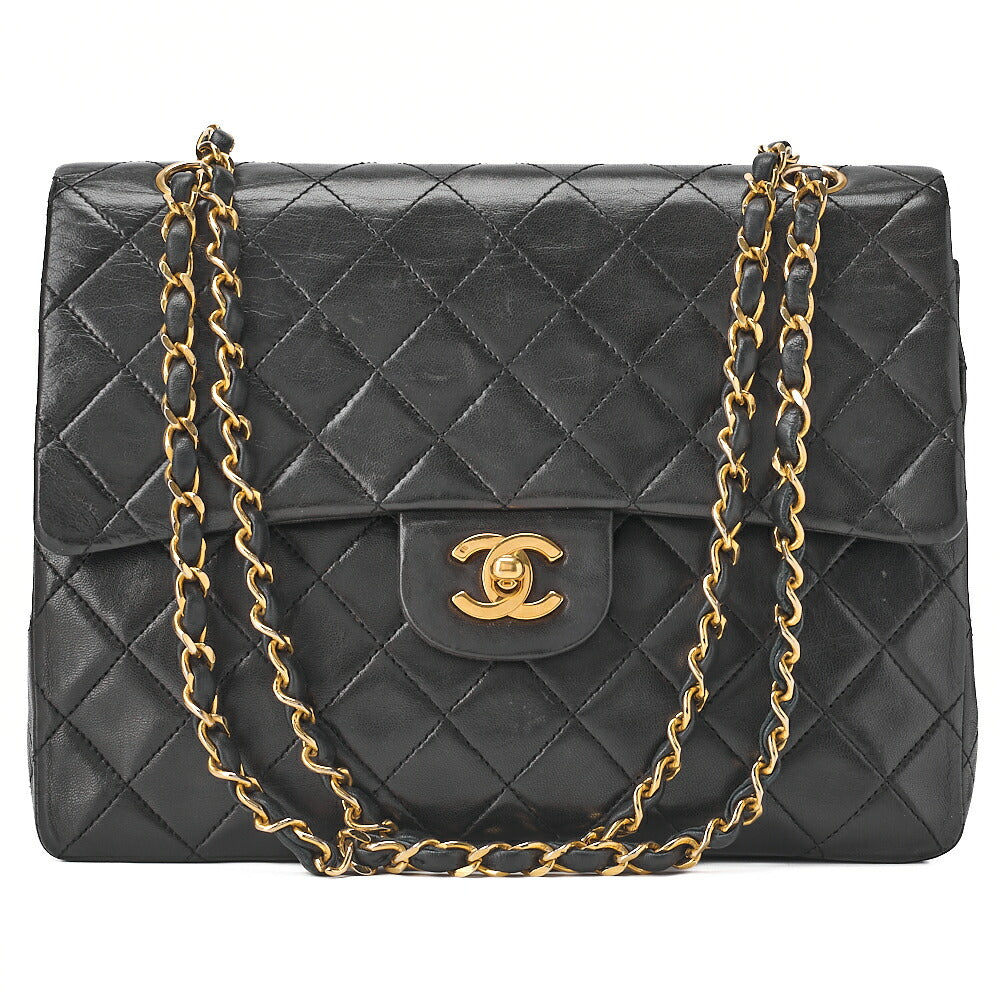 CHANEL Lambskin Matelasse 25cm Square Double Flap Chain Shoulder Black Gold-Tone Hardware, Pre-Owned