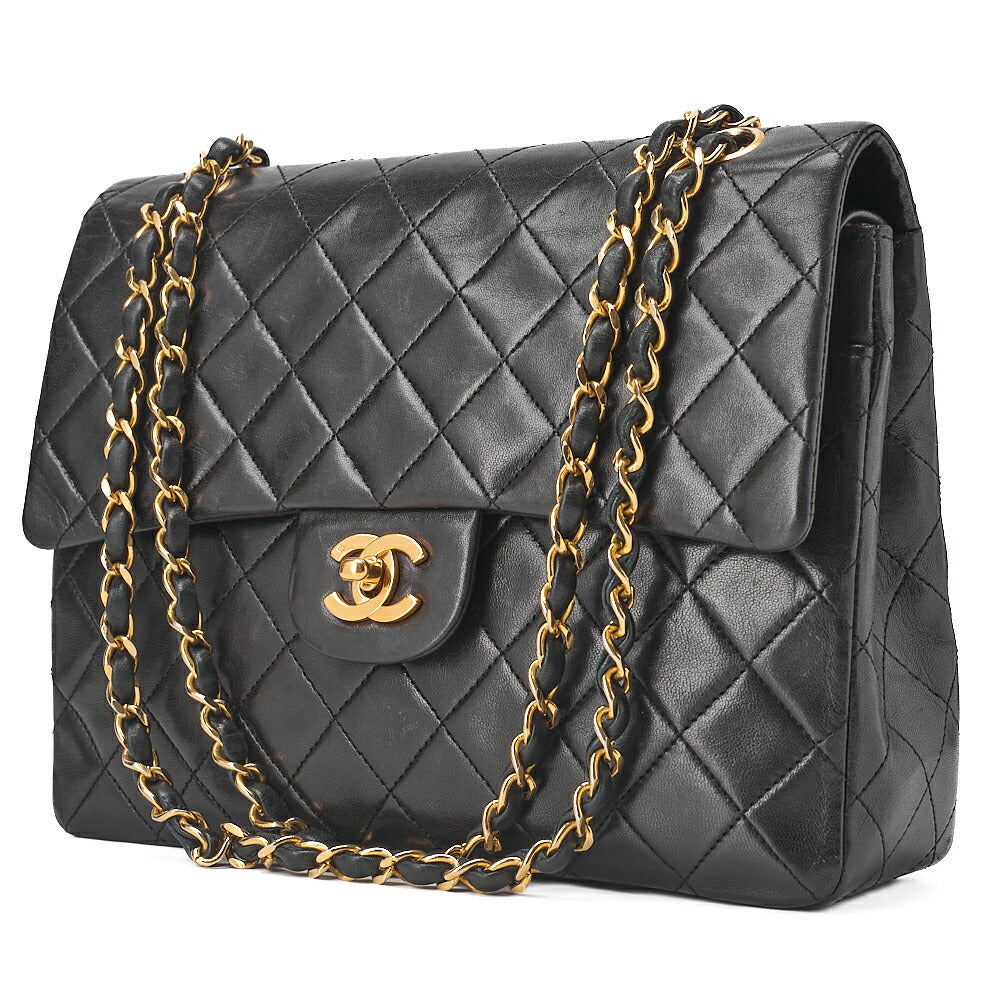 CHANEL Lambskin Matelasse 25cm Square Double Flap Chain Shoulder Black Gold-Tone Hardware, Pre-Owned