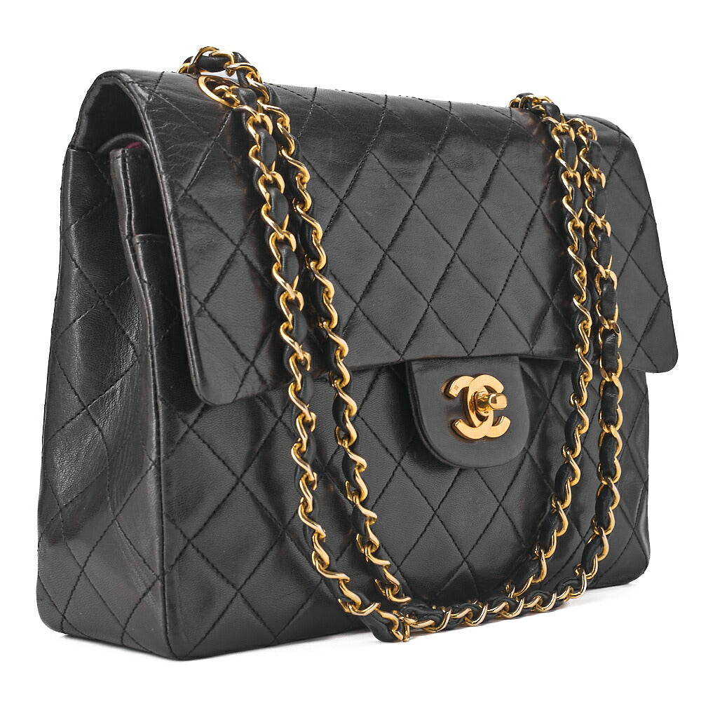CHANEL Lambskin Matelasse 25cm Square Double Flap Chain Shoulder Black Gold-Tone Hardware, Pre-Owned