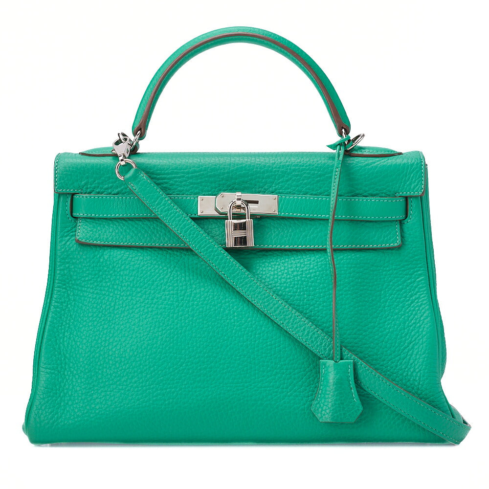 HERMES Kelly 32 Handbag Inseam Triyon 2way Green Silver-Tone Hardware, Pre-Owned