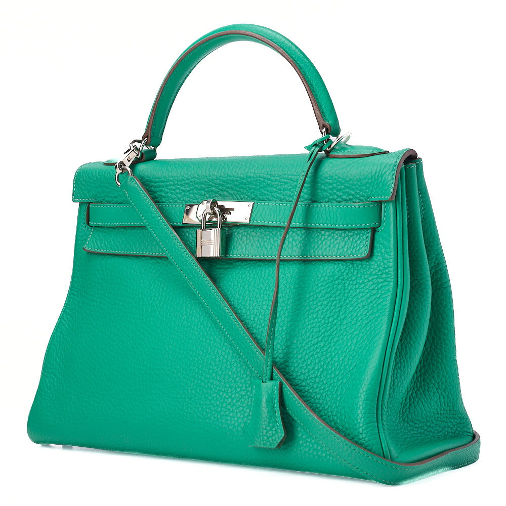 HERMES Kelly 32 Handbag Inseam Triyon 2way Green Silver-Tone Hardware, Pre-Owned