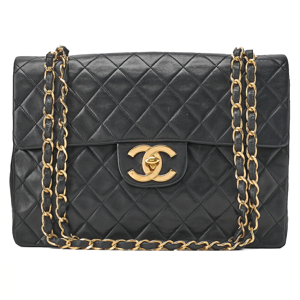 CHANEL Chain Shoulder Bag Deca Matelasse 34cm Single Flap Lambskin Black Gold-Tone Hardware, Pre-Owned