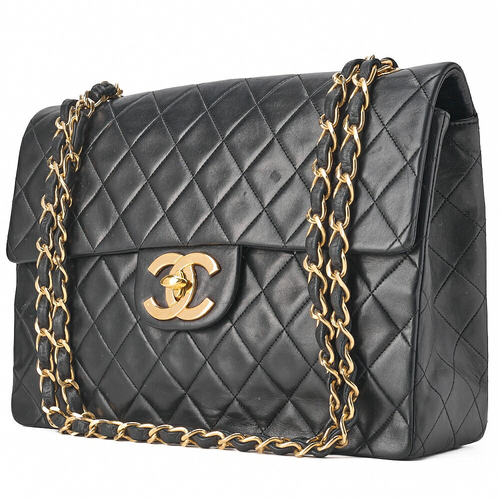 CHANEL Chain Shoulder Bag Deca Matelasse 34cm Single Flap Lambskin Black Gold-Tone Hardware, Pre-Owned