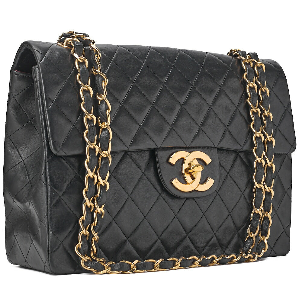 CHANEL Chain Shoulder Bag Deca Matelasse 34cm Single Flap Lambskin Black Gold-Tone Hardware, Pre-Owned