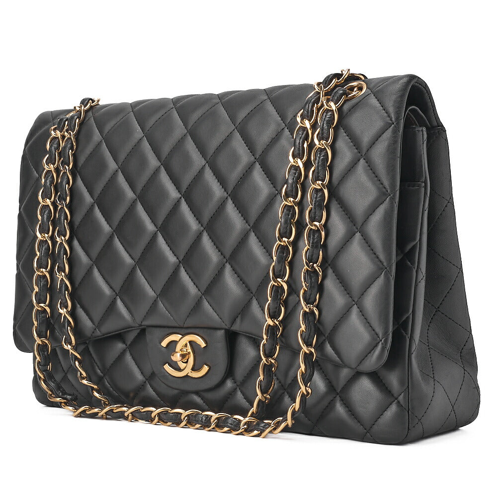 CHANEL Lambskin Deca Matelasse 33cm Double Flap Chain Shoulder Bag Black Gold-Tone Hardware, Pre-Owned
