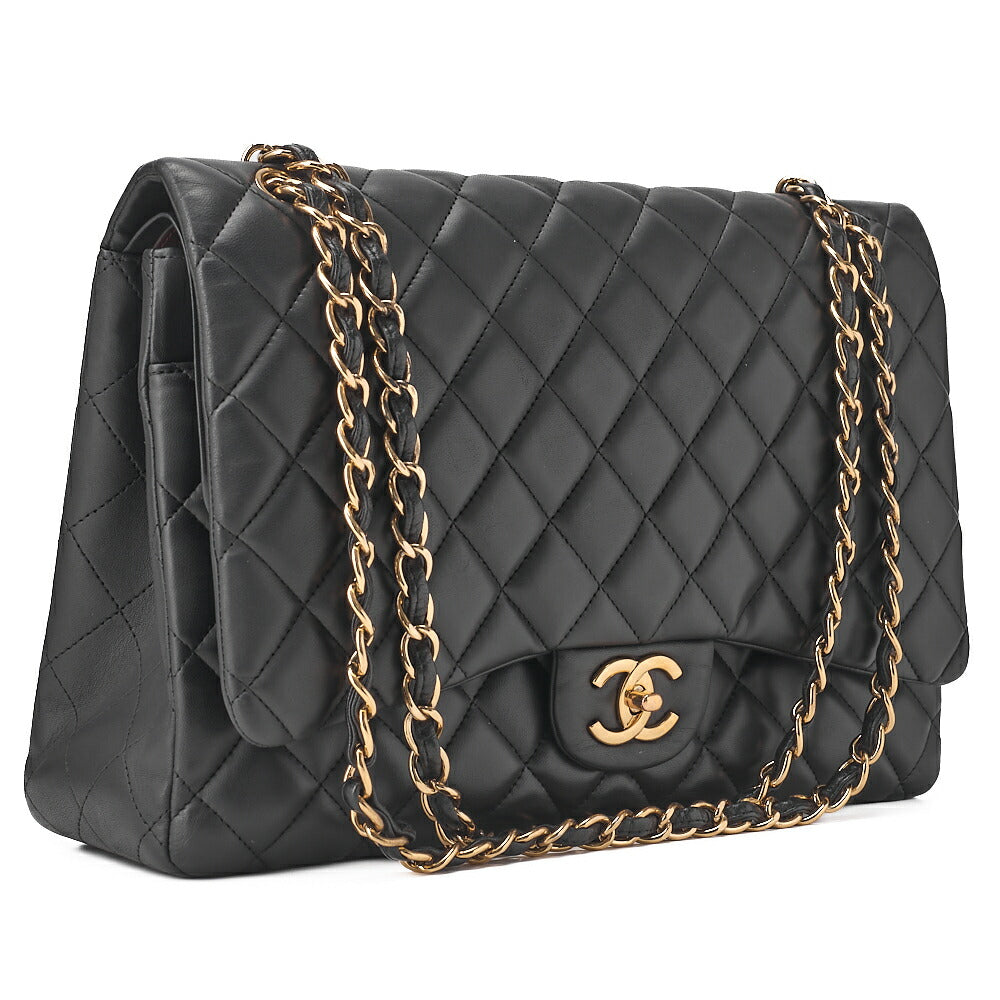 CHANEL Lambskin Deca Matelasse 33cm Double Flap Chain Shoulder Bag Black Gold-Tone Hardware, Pre-Owned
