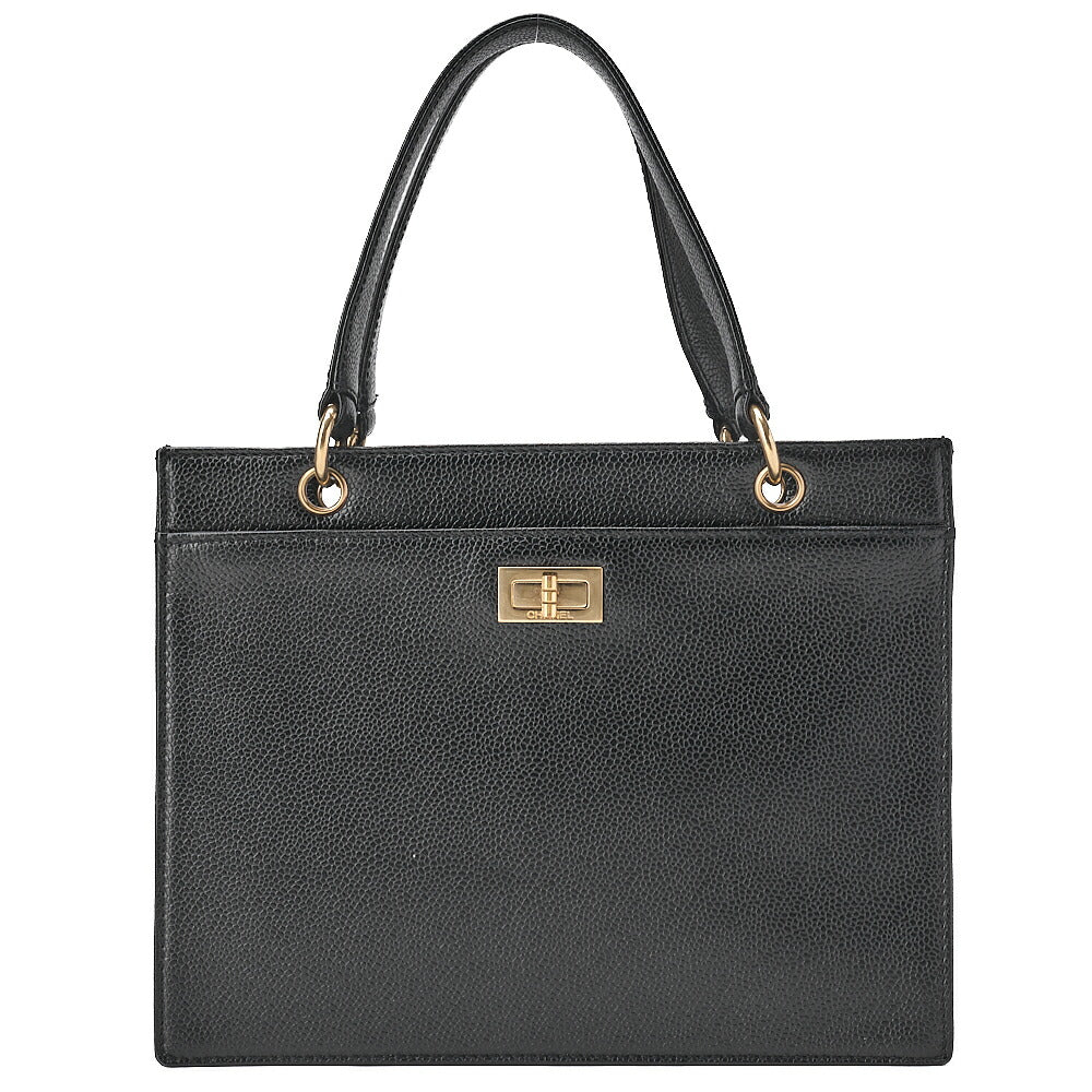 CHANEL Caviar Skin 2.55 Turn-Lock Handbag Black Gold-Tone Hardware, Pre-Owned