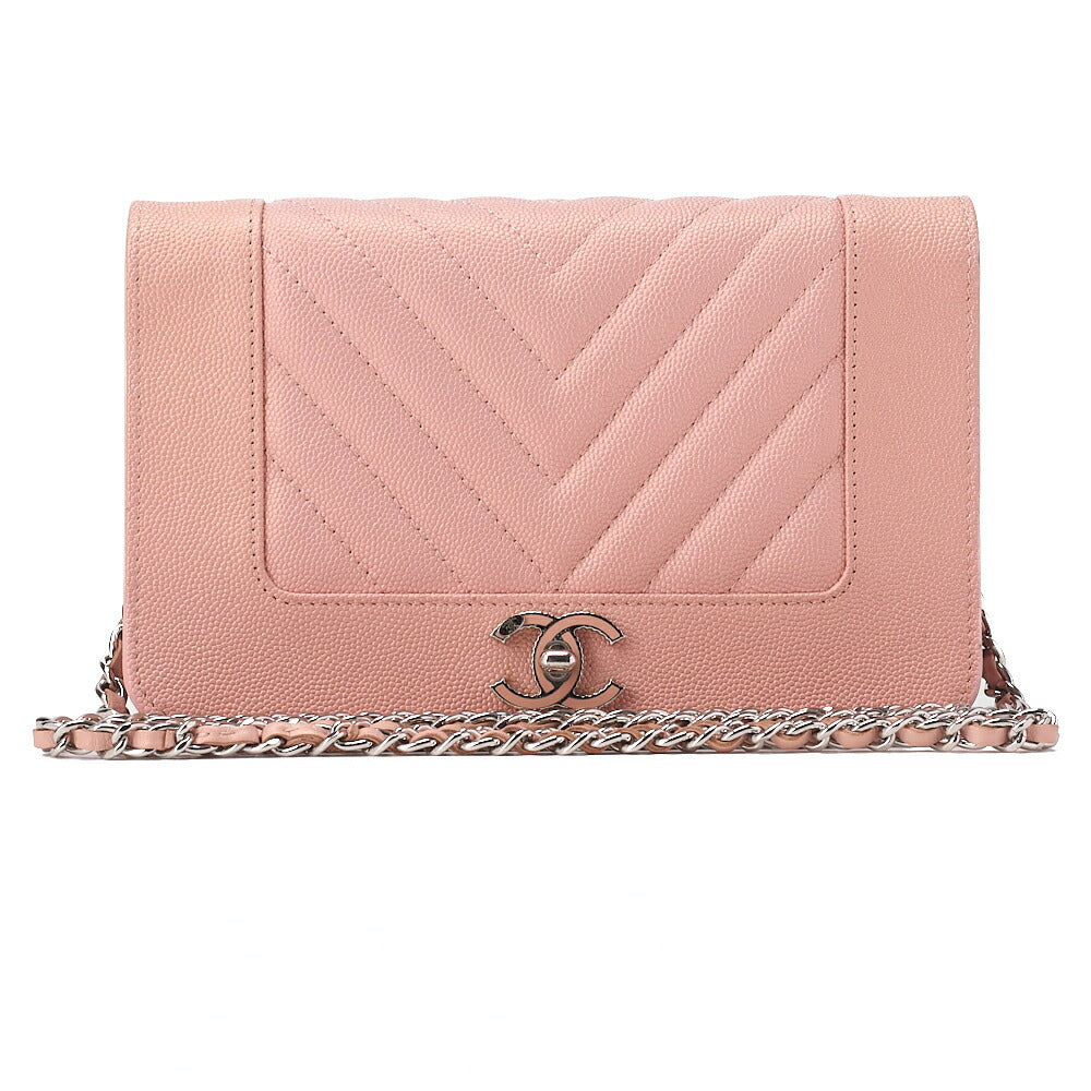 CHANEL Mademoiselle V-Stitch Chain Wallet Caviar Skin Salmon Pink Silver-Tone Hardware, Pre-Owned
