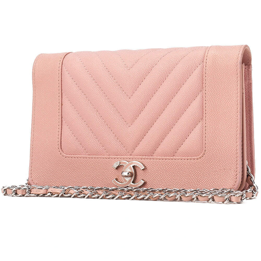 CHANEL Mademoiselle V-Stitch Chain Wallet Caviar Skin Salmon Pink Silver-Tone Hardware, Pre-Owned