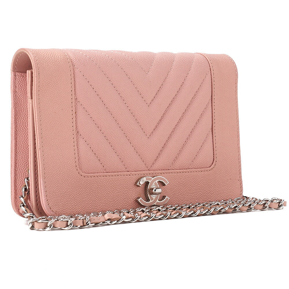 CHANEL Mademoiselle V-Stitch Chain Wallet Caviar Skin Salmon Pink Silver-Tone Hardware, Pre-Owned
