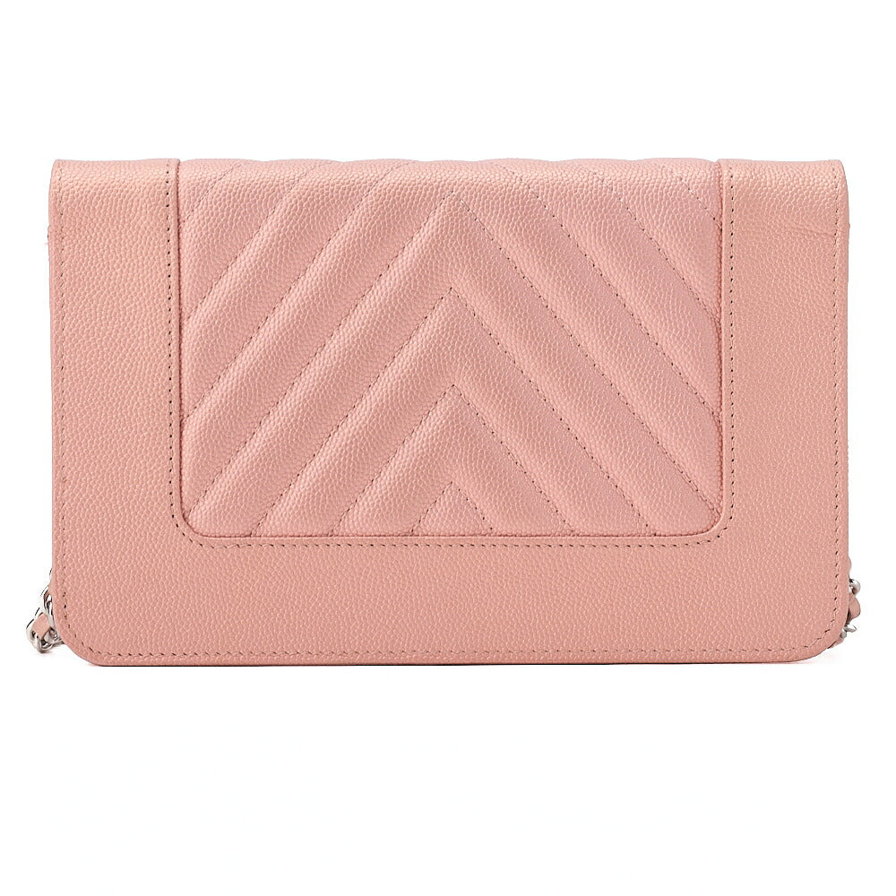 CHANEL Mademoiselle V-Stitch Chain Wallet Caviar Skin Salmon Pink Silver-Tone Hardware, Pre-Owned