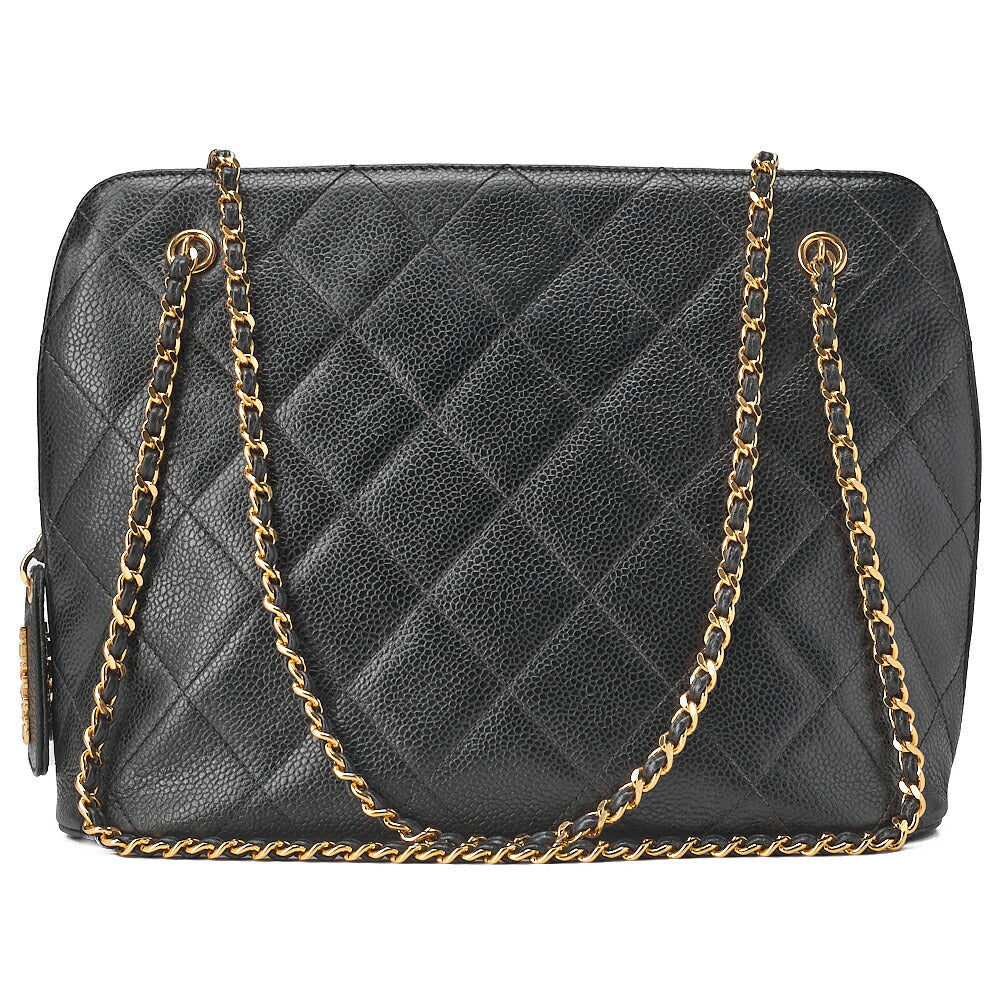 CHANEL Shoulder Bag Matelasse Plate Charm W Chain Shoulder Caviar Skin Black Gold-Tone Hardware, Pre-Owned