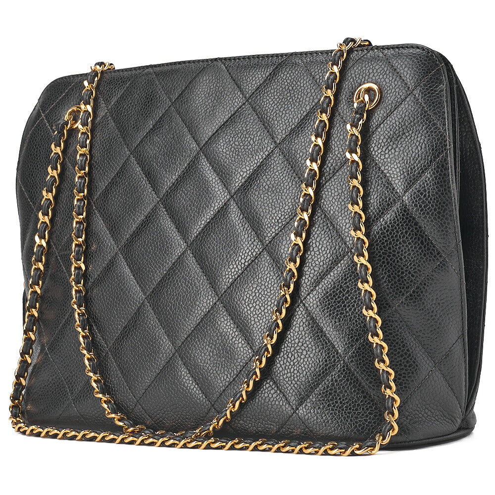 CHANEL Shoulder Bag Matelasse Plate Charm W Chain Shoulder Caviar Skin Black Gold-Tone Hardware, Pre-Owned