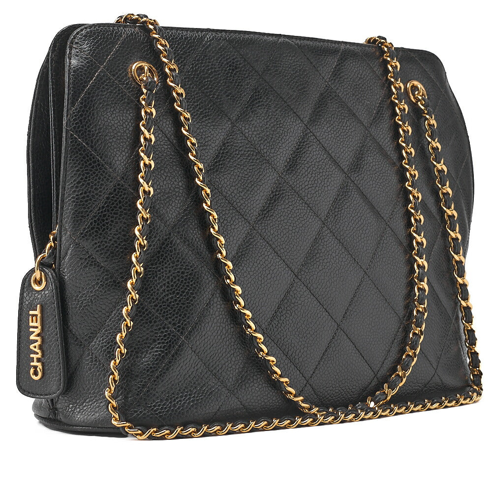 CHANEL Shoulder Bag Matelasse Plate Charm W Chain Shoulder Caviar Skin Black Gold-Tone Hardware, Pre-Owned