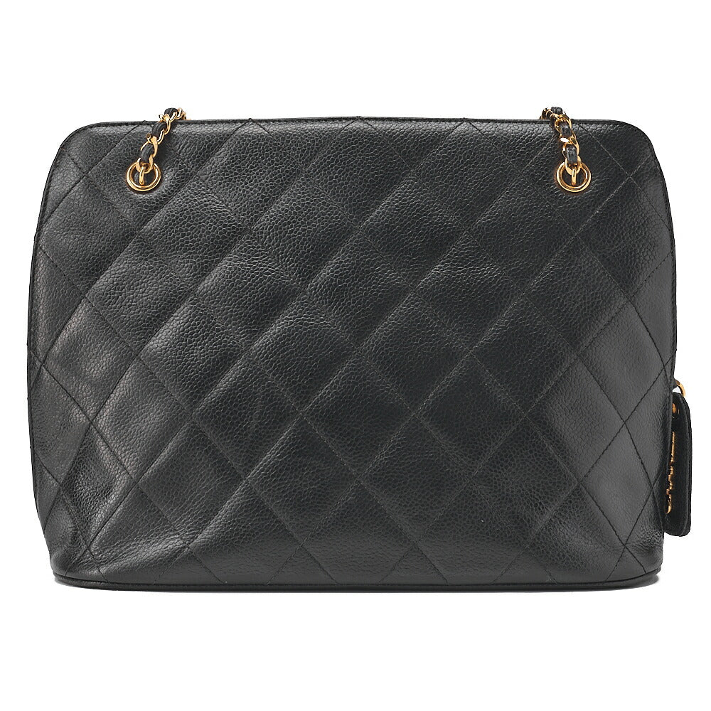 CHANEL Shoulder Bag Matelasse Plate Charm W Chain Shoulder Caviar Skin Black Gold-Tone Hardware, Pre-Owned