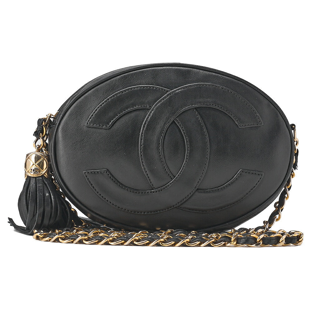 CHANEL Coco Mark Fringe Round Chain Shoulder Lambskin Black Gold-Tone Hardware, Pre-Owned