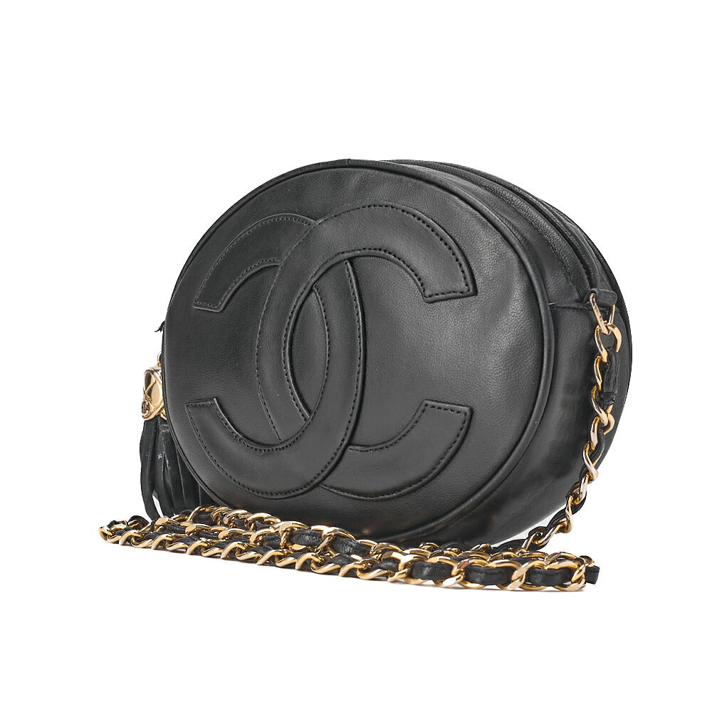 CHANEL Coco Mark Fringe Round Chain Shoulder Lambskin Black Gold-Tone Hardware, Pre-Owned